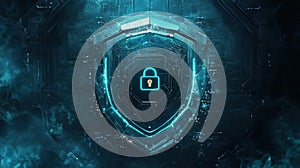 Cybersecurity protection shield digital environment graphic design high-tech futuristic concept