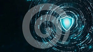 Digital shield symbolizing cyber security with abstract data patterns and glowing elements