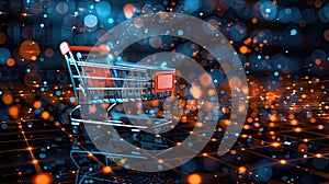 A digital shopping cart against a network background, representing e-commerce and technology.