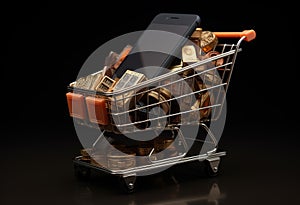 Digital shopping experience: a cart filled with glowing, colorful virtual goods representing the online shopping experience