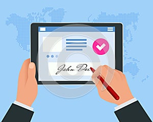 Digital signature concept with tablet and pen. Businessman Hands signing Digital signature on tablet. photo