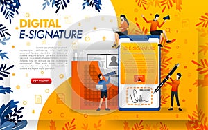Digital signature for document security. E-signatures for business purposes and making agreements, concept vector ilustration. can