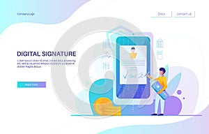 Digital signature landing page design, website banner vector template. Businessman signing contract on smartphone screen