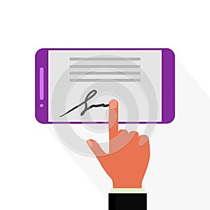 Digital signature on mobile phone. Man signing electronic document with finger on device. photo