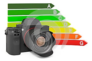 Digital single-lens reflex camera with energy efficiency chart, 3D rendering