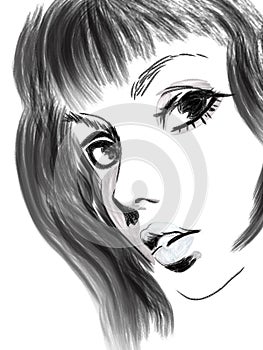 Digital sketch of fictional girl in dark gray tones. Digital illustration
