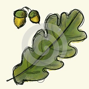 Digital sketch oak tree leaf and acorn. Black doodle outline and green colored foliage, yellow nut with cap isolated on