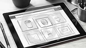 Digital Sketch of a Website Layout on a Tablet Featuring Various Design Elements for Creative Projects and User Interface