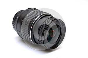 Digital SLR camera lens close up on white