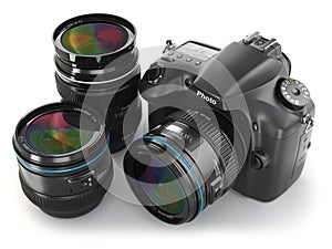 Digital slr camera with lens. Photography equipment.