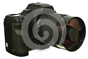 Digital SLR Camera with mirror lens side view.