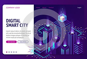 Digital smart city isometric landing page banner