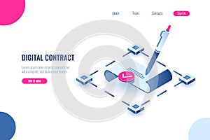 Digital smart contract, isometric icon concept of electronic signature, blockchain technology crypto, paper receipt of