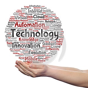 Digital smart technology, media word cloud in hand