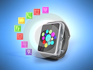 Digital smart watch or clock with icons 3d render on blue