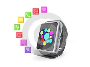 Digital smart watch or clock with icons 3d render on white no sh