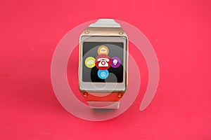 Digital Smart Watch with Contact Means Icons Pink Banner