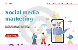 Digital and social media marketing website template, flat vector illustration.