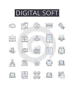 Digital soft line icons collection. Electronic silky, Virtual smooth, Computerized gentle, Online malleable, Cyber