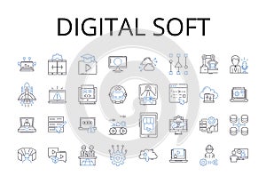 Digital soft line icons collection. Electronic silky, Virtual smooth, Computerized gentle, Online malleable, Cyber