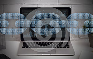 Digital software development, internet technology. Software, app, blockchain, programming on laptop with binary code