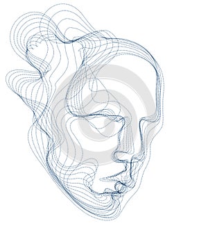 Digital soul of machine, Artificial Intelligence software visualization of human head made of dotted particles flowing wave lines