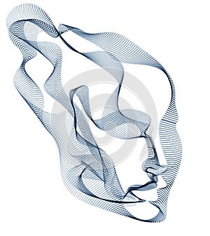 Digital soul of machine, Artificial Intelligence software visualization of human head made of dotted particles flowing wave lines