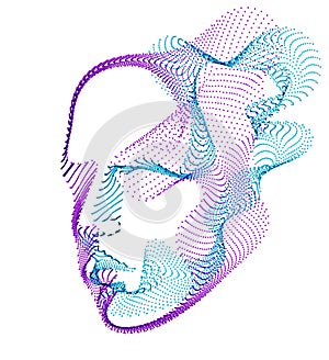 Digital soul of machine, Artificial Intelligence software visualization of human head made of dotted particles flowing wave lines