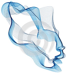 Digital soul of machine, Artificial Intelligence software visualization of human head made of dotted particles flowing wave lines