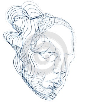 Digital soul of machine, Artificial Intelligence software visualization of human head made of dotted particles flowing wave lines