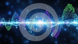 Digital sound wave with binary code and glowing lights on dark background data technology
