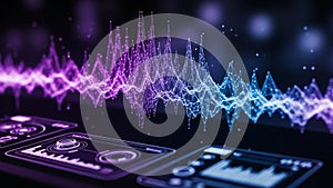Digital Sound Waveform Visualization with Purple and Blue Glowing Particles on a Dark Background