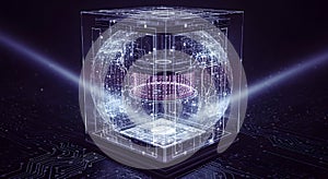 Digital Sphere: Abstract Technology Core Inside Virtual Cube for Data Analysis