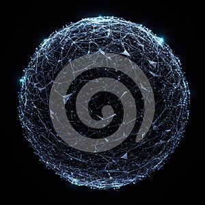 A digital sphere composed of interconnected points and lines, forming a complex