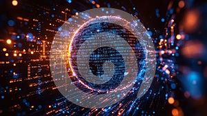 Digital sphere of glowing binary code surrounded by high-speed data streams and particles. AI Generated.