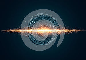 A digital sphere made of interconnected lines and nodes is centered against a dark