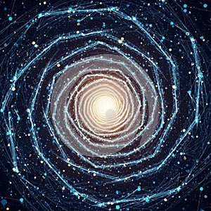 A digital spiral galaxy design with a bright central light. The image features multiple