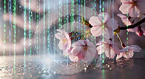 Digital Spring Cherry Blossoms with Binary Code Rain