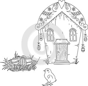 Digital stamp. Easter house with Easter eggs and chick. Uncolored hand drawn illustration