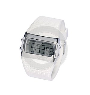 digital steel wrist watch with white rubber wristband isolated on white background