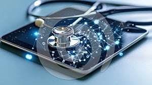 Digital stethoscope and tablet with network graphic