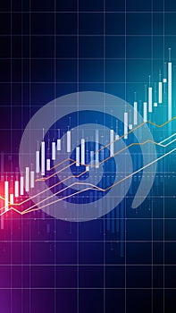 Digital stock chart with vertical bars and trend lines on gradient backdrop