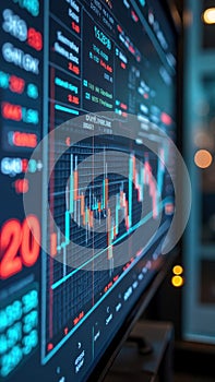 Digital stock market display with financial data and graphs on screen