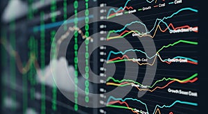 Digital stock market graph with binary code overlay, representing financial analysis