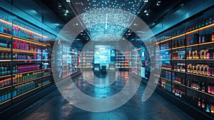 A digital storefront with no physical checkout counters or cash registers only interactive screens and holographic photo
