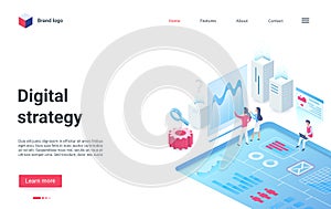 Digital strategy platform isometric landing page, people analyze trading market data