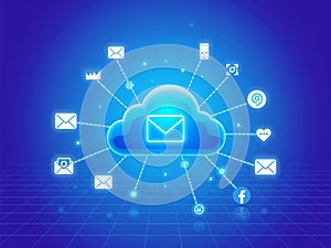 Digital strategy visuals representing communication, cloud, email, and social media marketing tools