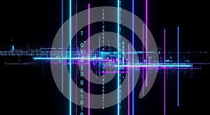 Digital stream of binary code data flowing through neon light grid in futuristic cyberspace