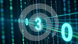 Digital stream of binary code with glowing numbers and lines, representing data flow