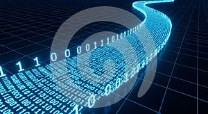 Digital stream of blue binary code data flows flowing like a river, representing data, technology, Abstract digital technology